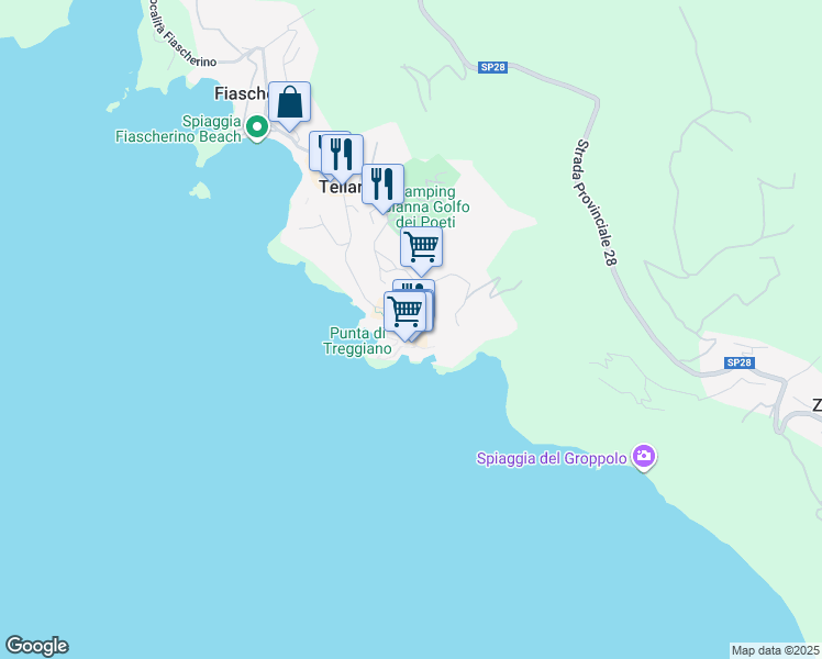 map of restaurants, bars, coffee shops, grocery stores, and more near 16 Via Fiascherino in Tellaro