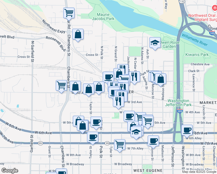 map of restaurants, bars, coffee shops, grocery stores, and more near 1153 West 2nd Avenue in Eugene
