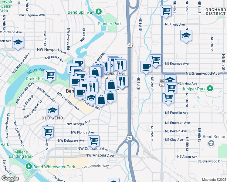map of restaurants, bars, coffee shops, grocery stores, and more near 124 Northwest Hawthorne Avenue in Bend