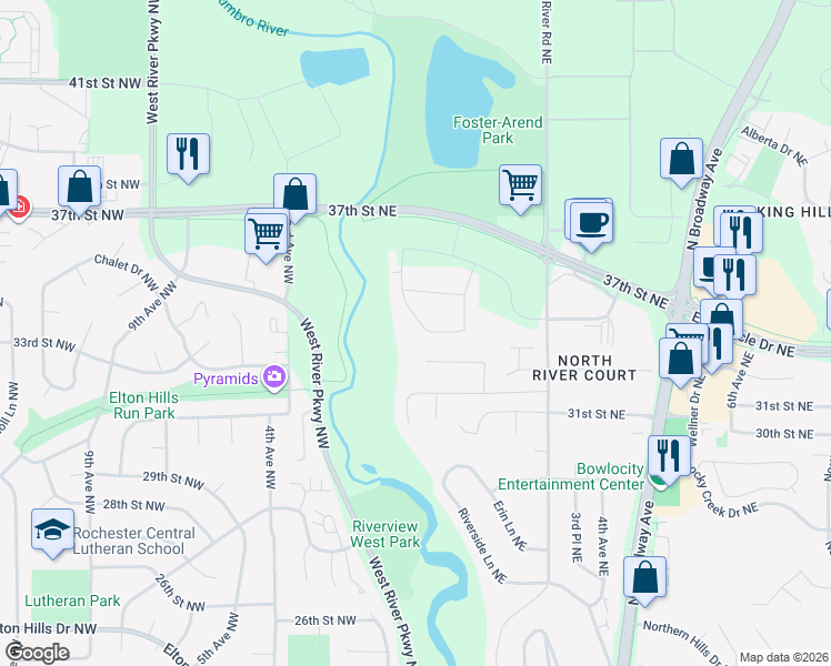 map of restaurants, bars, coffee shops, grocery stores, and more near 136 Sandbar Court Northeast in Rochester