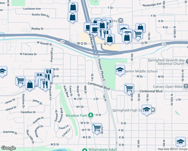 map of restaurants, bars, coffee shops, grocery stores, and more near 1363 1st Street in Springfield