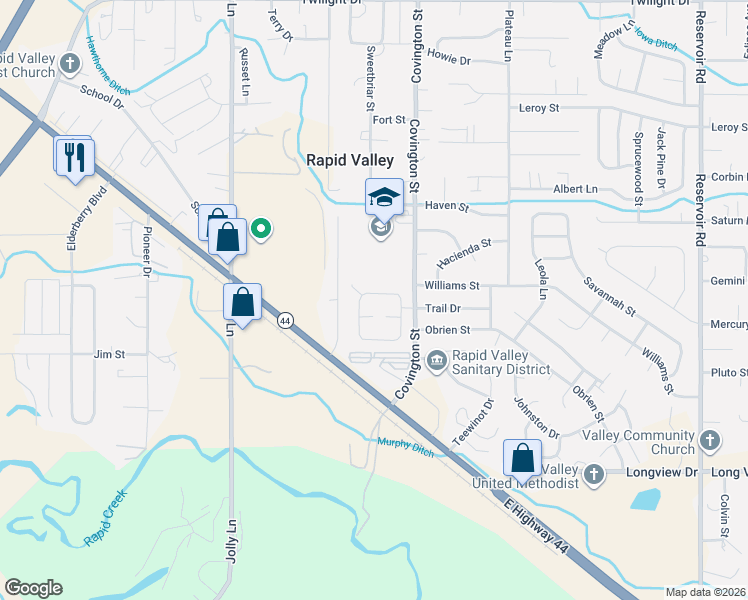 map of restaurants, bars, coffee shops, grocery stores, and more near 4381 Circlewood Drive in Rapid City