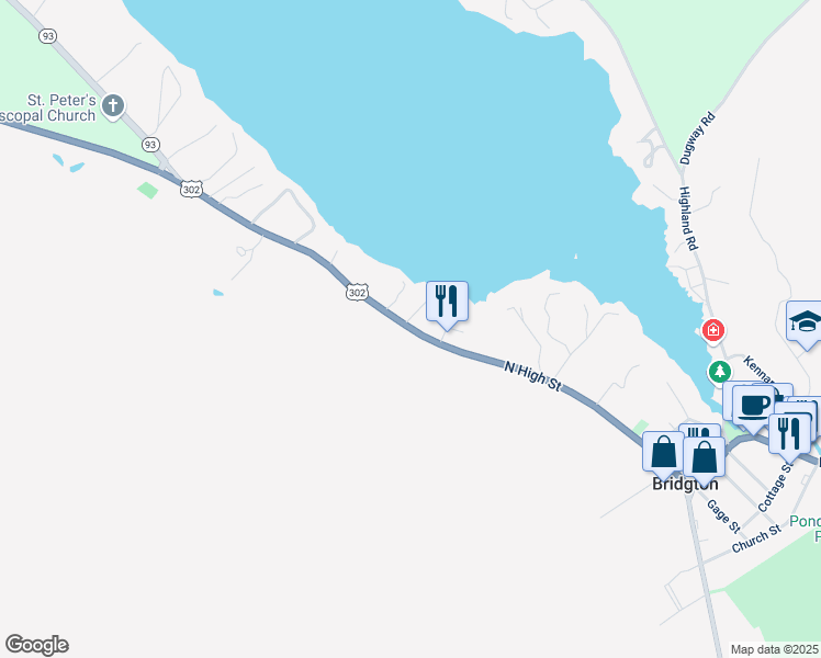 map of restaurants, bars, coffee shops, grocery stores, and more near U.S. 302 in Bridgton