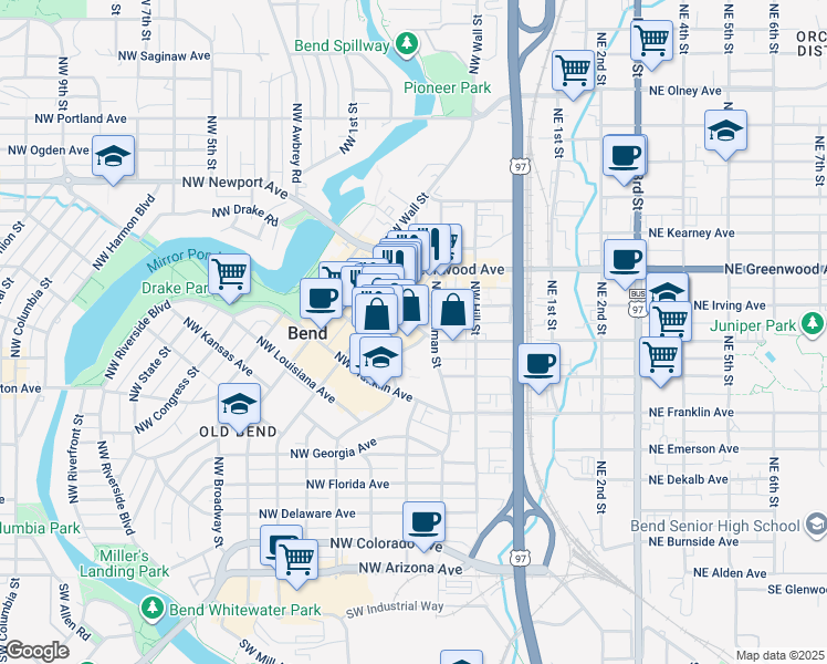 map of restaurants, bars, coffee shops, grocery stores, and more near 750 Northwest Lava Road in Bend