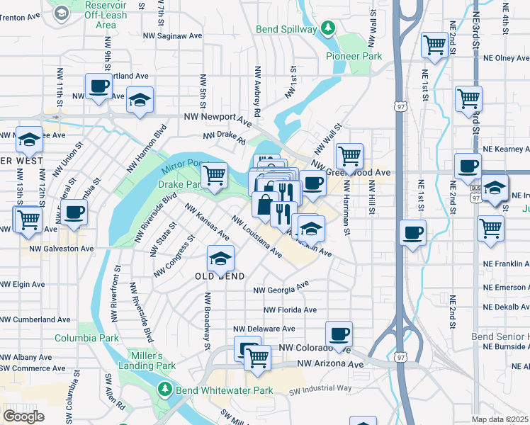map of restaurants, bars, coffee shops, grocery stores, and more near in Bend