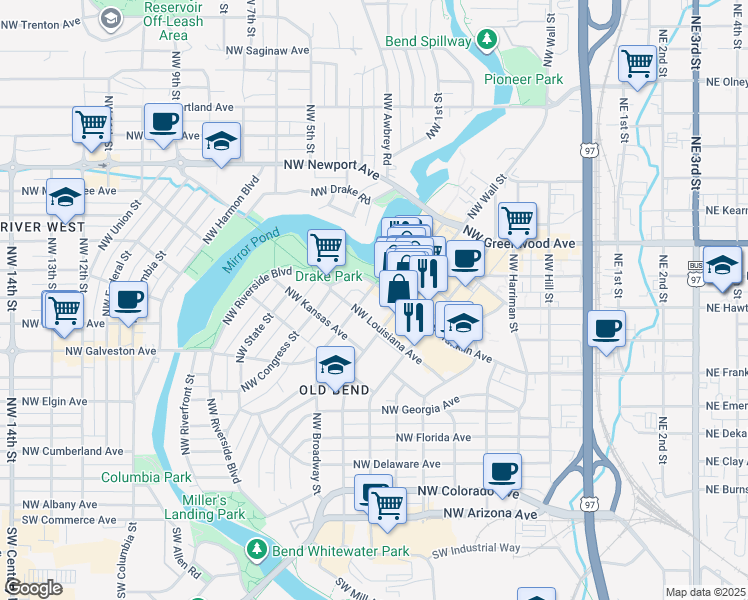 map of restaurants, bars, coffee shops, grocery stores, and more near 708 Northwest Broadway Street in Bend