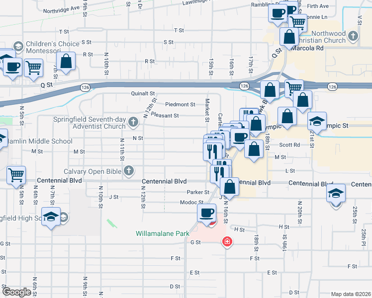 map of restaurants, bars, coffee shops, grocery stores, and more near 1429 M Street in Springfield