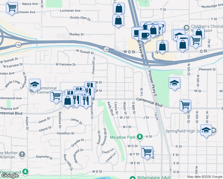 map of restaurants, bars, coffee shops, grocery stores, and more near 1340 Laura Street in Springfield