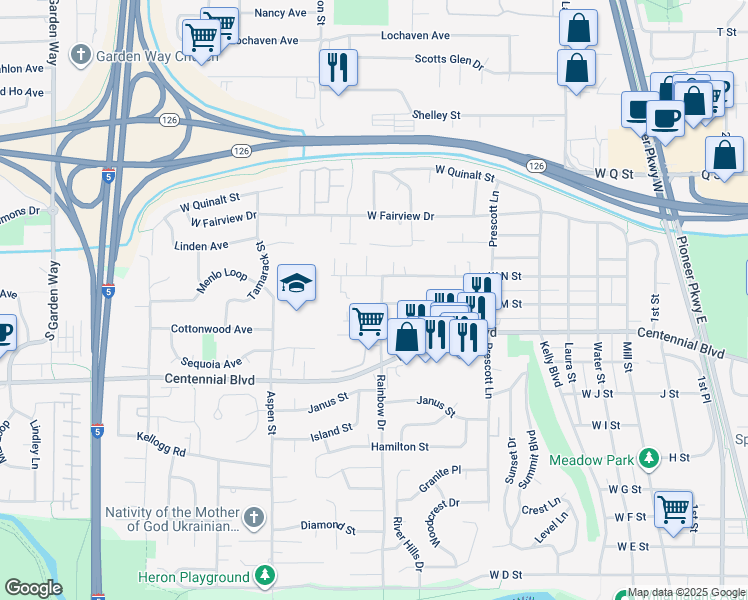 map of restaurants, bars, coffee shops, grocery stores, and more near 839 West M Street in Springfield