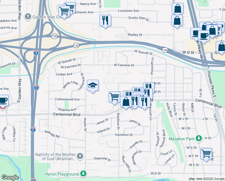 map of restaurants, bars, coffee shops, grocery stores, and more near 980 West L Street in Springfield