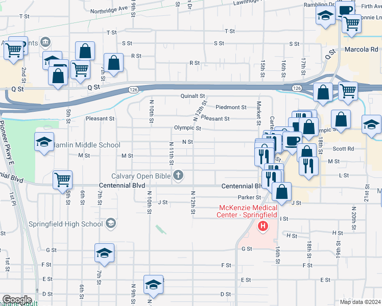 map of restaurants, bars, coffee shops, grocery stores, and more near 1186 M Street in Springfield