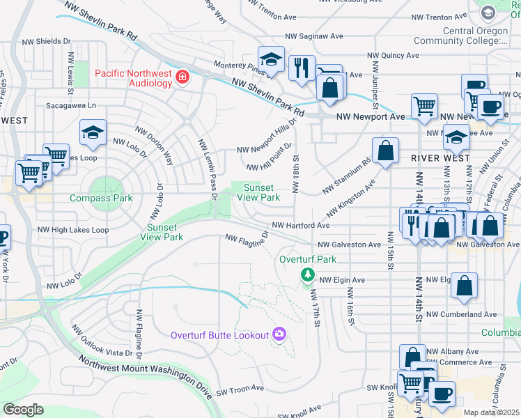 map of restaurants, bars, coffee shops, grocery stores, and more near 2397 Northwest Drouillard Avenue in Bend