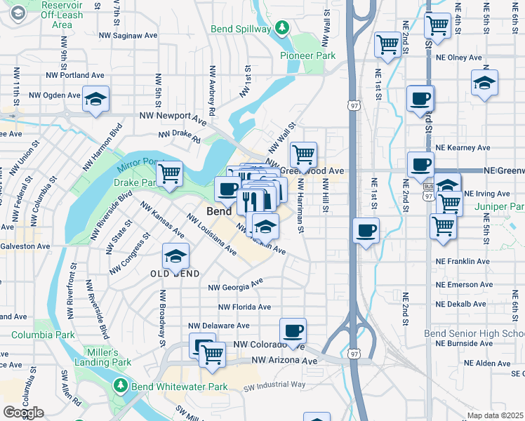 map of restaurants, bars, coffee shops, grocery stores, and more near 920 Northwest Bond Street in Bend