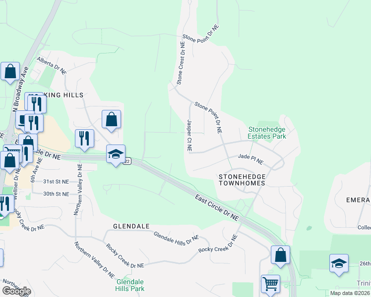 map of restaurants, bars, coffee shops, grocery stores, and more near 3443 Jasper Court Northeast in Rochester