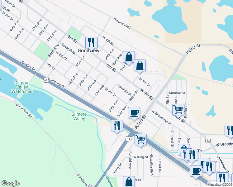 map of restaurants, bars, coffee shops, grocery stores, and more near 3550 West 8th Street in Goodview