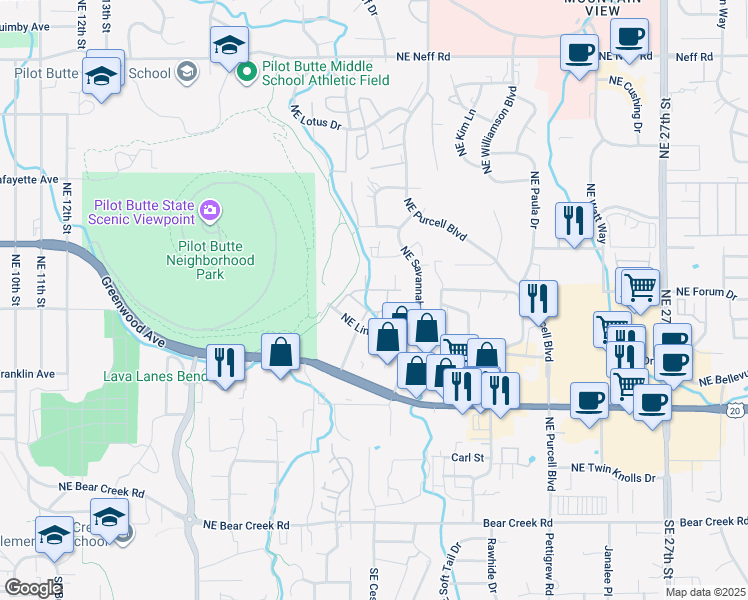 map of restaurants, bars, coffee shops, grocery stores, and more near 2020 Northeast Linnea Drive in Bend