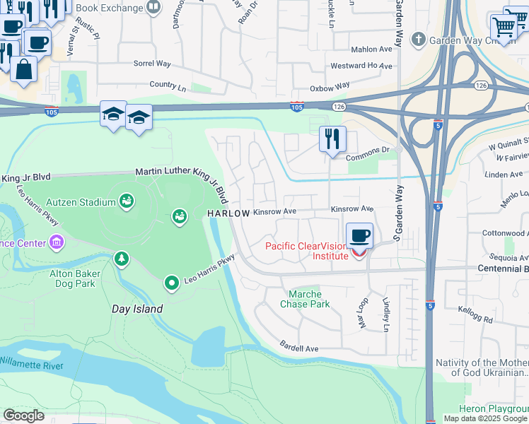 map of restaurants, bars, coffee shops, grocery stores, and more near 3282 Kinsrow Avenue in Eugene