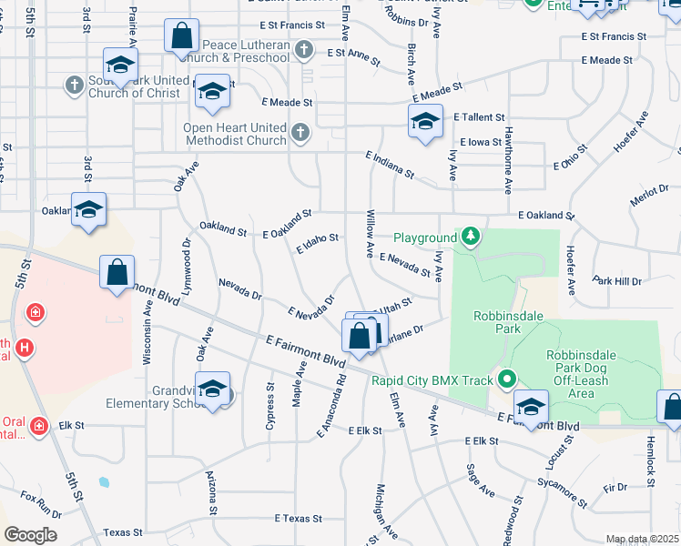 map of restaurants, bars, coffee shops, grocery stores, and more near 258 East Nevada Drive in Rapid City