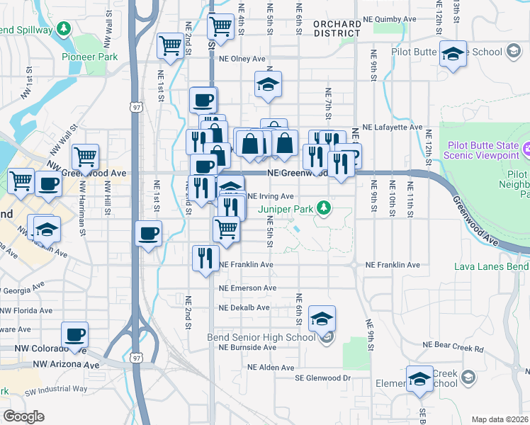 map of restaurants, bars, coffee shops, grocery stores, and more near 468 Northeast Hawthorne Avenue in Bend