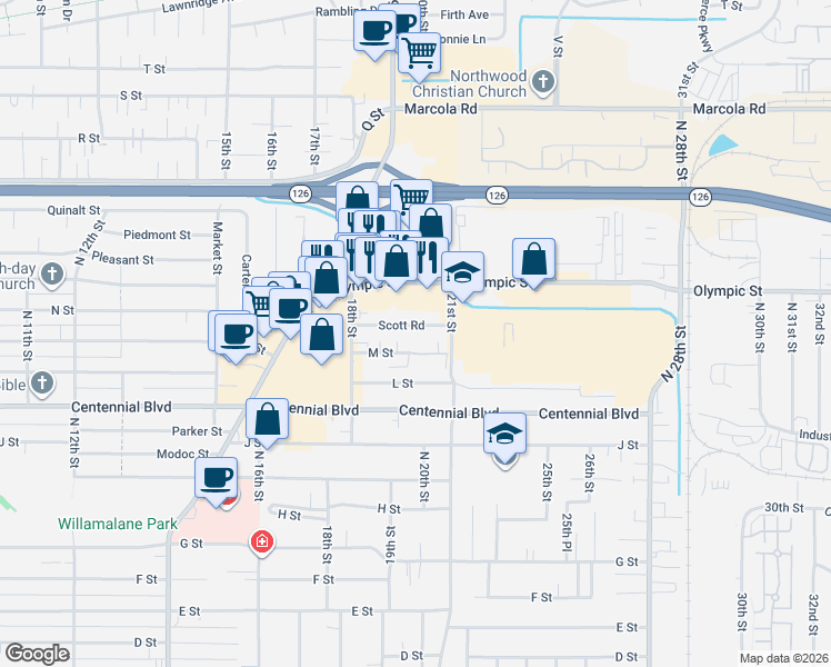 map of restaurants, bars, coffee shops, grocery stores, and more near 1995 Scott Road in Springfield