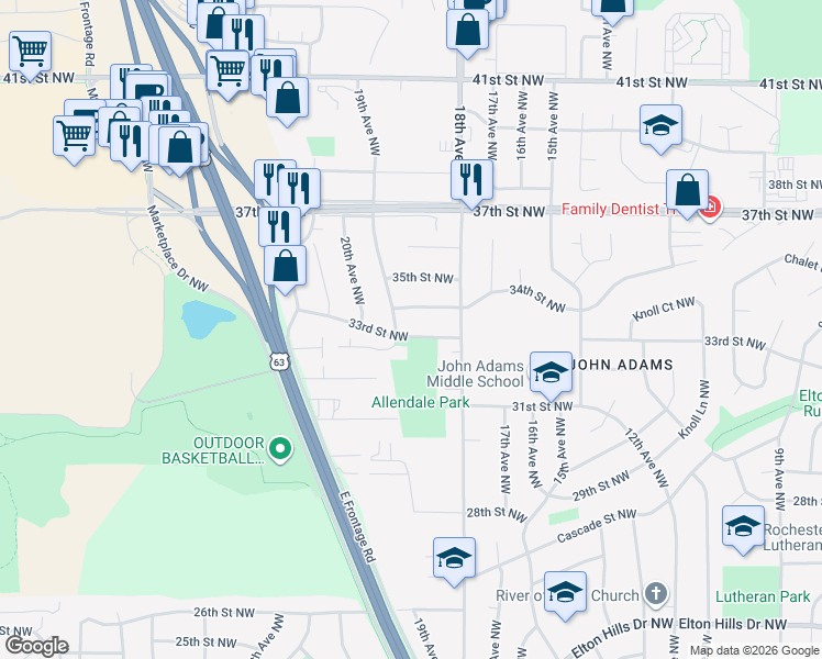 map of restaurants, bars, coffee shops, grocery stores, and more near 1845 33rd Street Northwest in Rochester