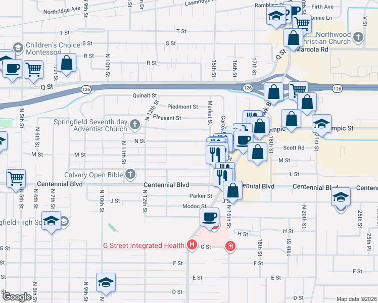 map of restaurants, bars, coffee shops, grocery stores, and more near 1429 M Street in Springfield