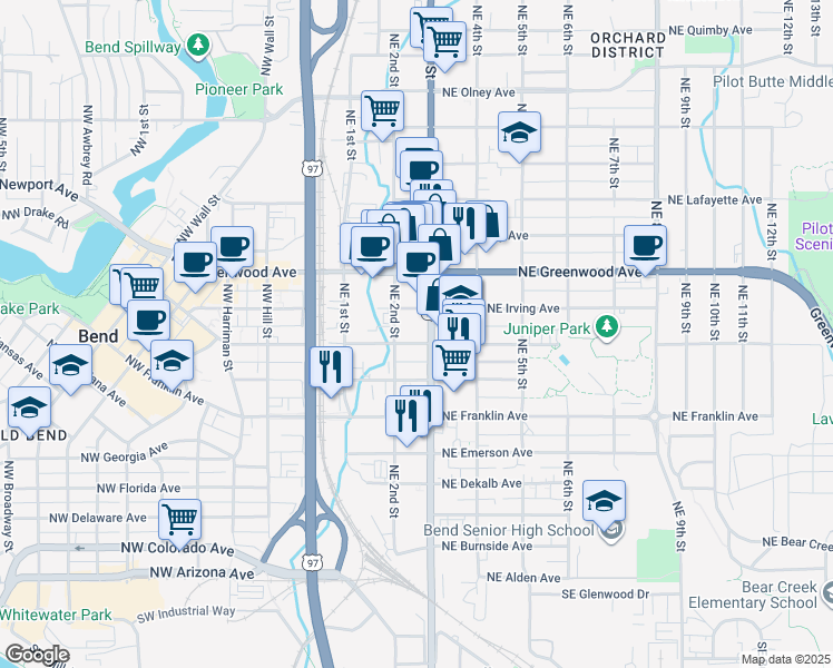 map of restaurants, bars, coffee shops, grocery stores, and more near 205 Northeast Hawthorne Avenue in Bend