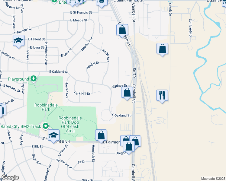 map of restaurants, bars, coffee shops, grocery stores, and more near 1306 East Oakland Street in Rapid City