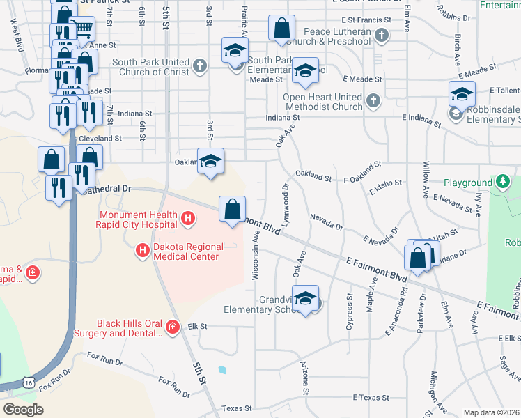 map of restaurants, bars, coffee shops, grocery stores, and more near 2805 Wisconsin Avenue in Rapid City