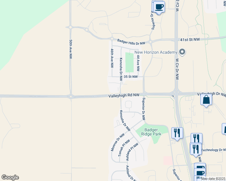 map of restaurants, bars, coffee shops, grocery stores, and more near 3433 Kenosha Drive Northwest in Rochester