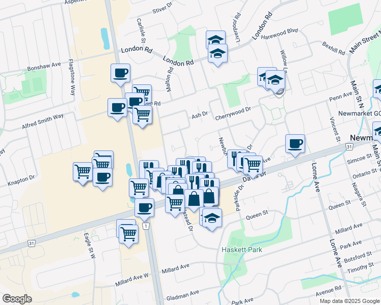 map of restaurants, bars, coffee shops, grocery stores, and more near 95 Sheldon Avenue in Newmarket