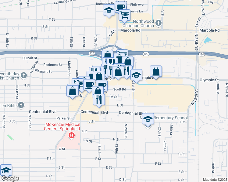 map of restaurants, bars, coffee shops, grocery stores, and more near 1865 Scott Road in Springfield