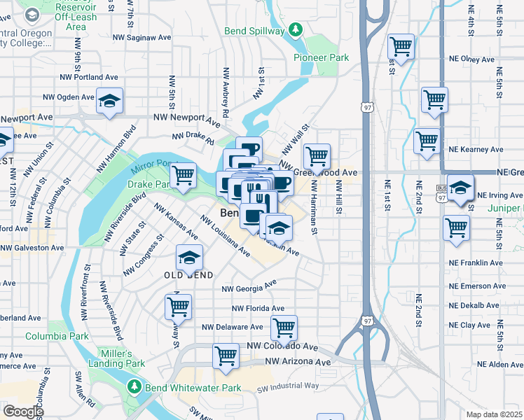 map of restaurants, bars, coffee shops, grocery stores, and more near 835 Northwest Bond Street in Bend