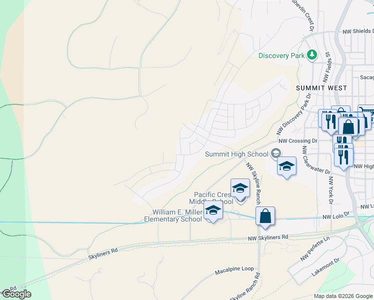 map of restaurants, bars, coffee shops, grocery stores, and more near 19100 Skyliners Road in Bend