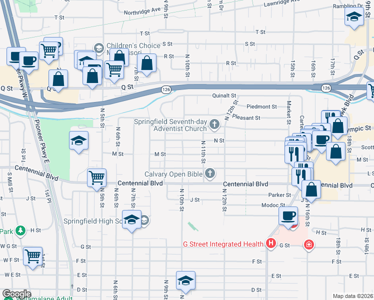 map of restaurants, bars, coffee shops, grocery stores, and more near 1035 M Street in Springfield