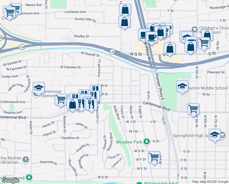 map of restaurants, bars, coffee shops, grocery stores, and more near 1344 Kelly Boulevard in Springfield