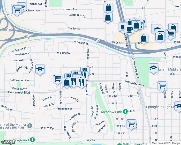 map of restaurants, bars, coffee shops, grocery stores, and more near 499 West M Street in Springfield