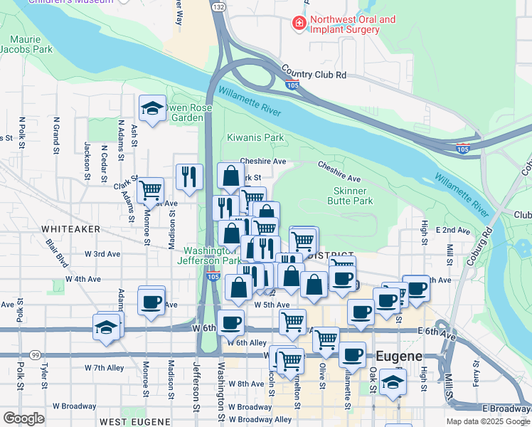 map of restaurants, bars, coffee shops, grocery stores, and more near 335 West 2nd Avenue in Eugene