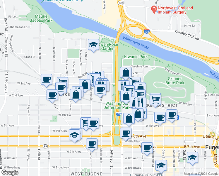 map of restaurants, bars, coffee shops, grocery stores, and more near in Eugene