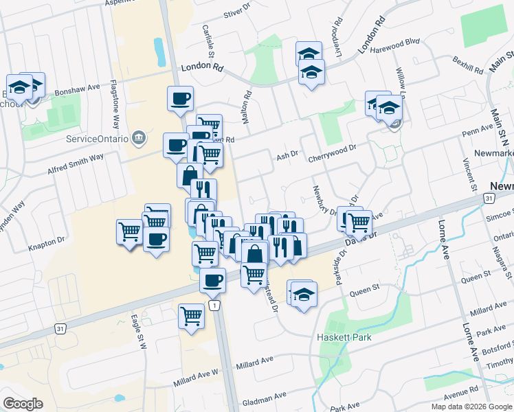 map of restaurants, bars, coffee shops, grocery stores, and more near 68 Marlin Court in Newmarket