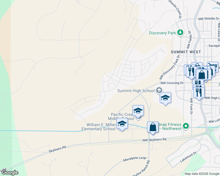 map of restaurants, bars, coffee shops, grocery stores, and more near 19100 Skyliners Road in Bend