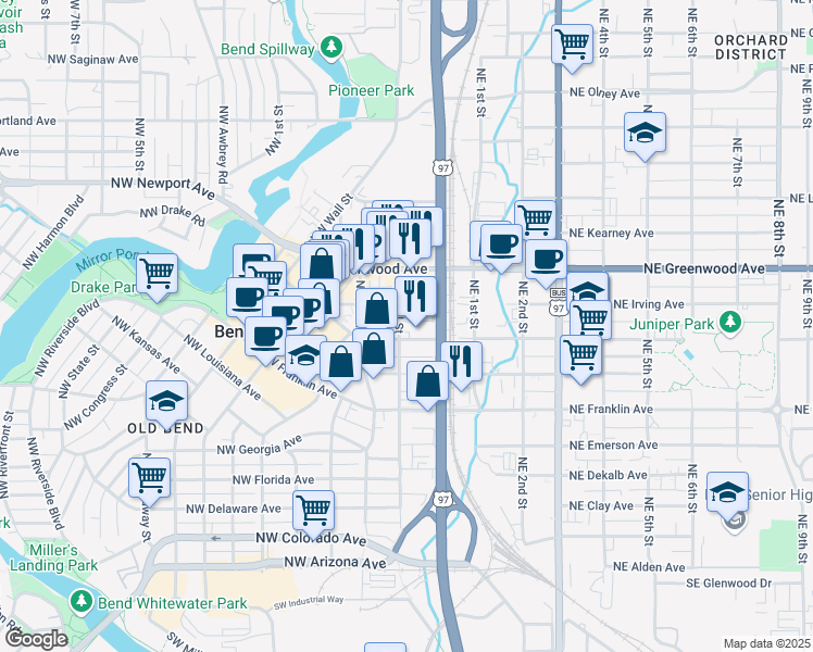 map of restaurants, bars, coffee shops, grocery stores, and more near 42 Northwest Hawthorne Avenue in Bend