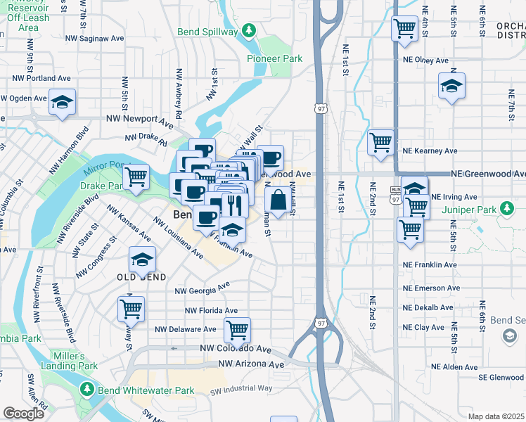 map of restaurants, bars, coffee shops, grocery stores, and more near 750 Northwest Lava Road in Bend