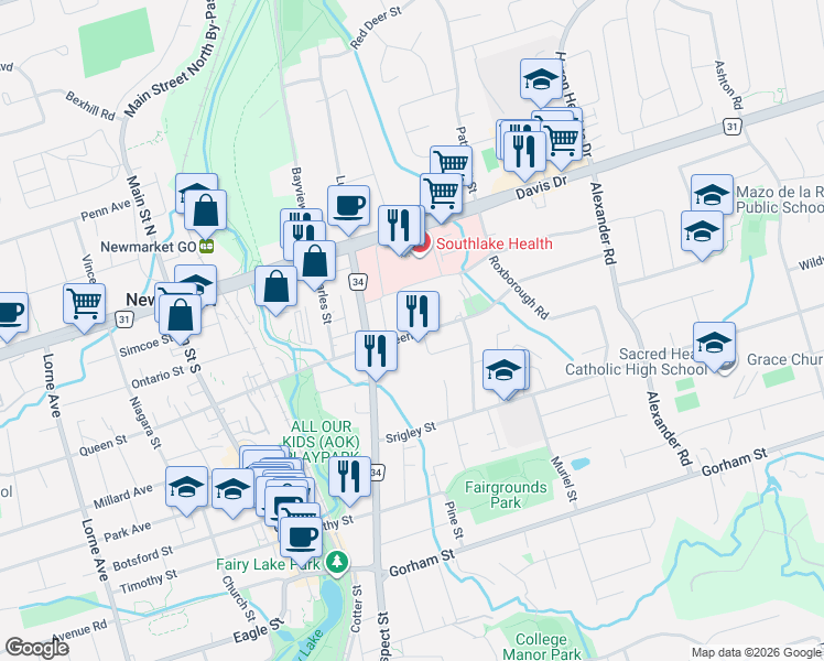 map of restaurants, bars, coffee shops, grocery stores, and more near 613 Queen Street in Newmarket