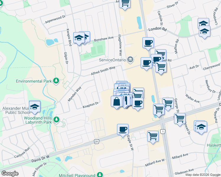 map of restaurants, bars, coffee shops, grocery stores, and more near 141 Gail Parks Crescent in Newmarket
