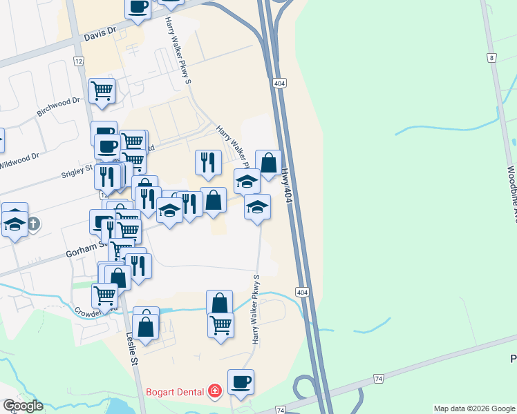map of restaurants, bars, coffee shops, grocery stores, and more near Harry Walker Parkway South in Newmarket