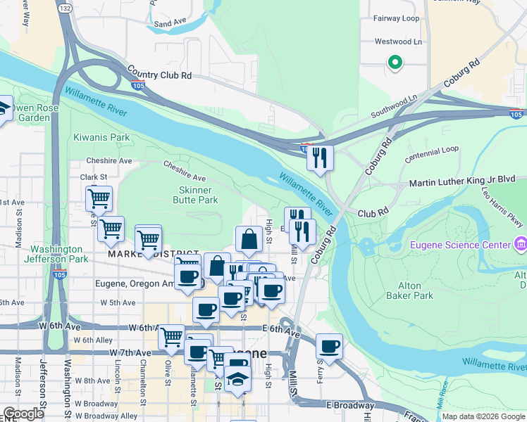 map of restaurants, bars, coffee shops, grocery stores, and more near 118 High Street in Eugene