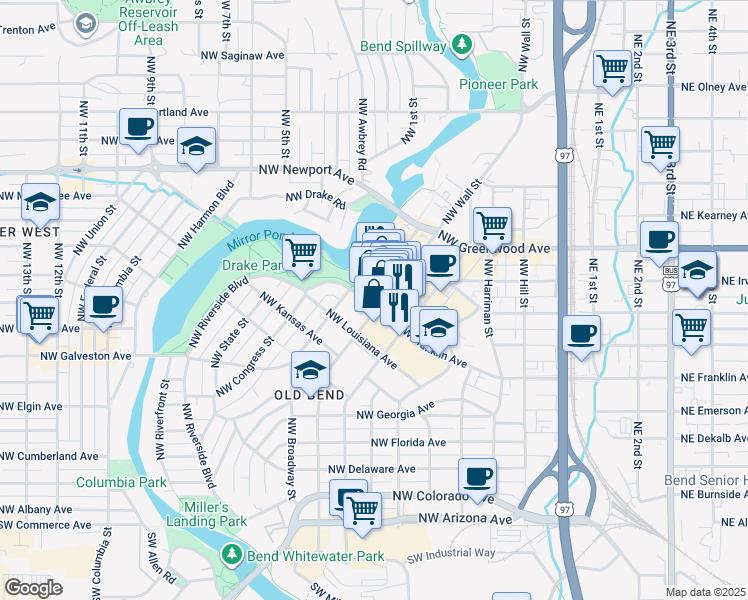 map of restaurants, bars, coffee shops, grocery stores, and more near 718 Northwest Franklin Avenue in Bend