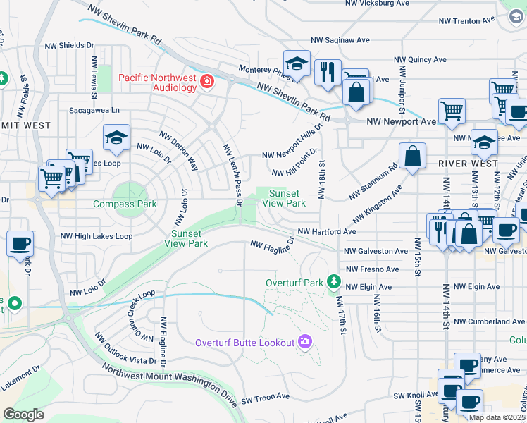 map of restaurants, bars, coffee shops, grocery stores, and more near 1875 Northwest Hartford Avenue in Bend