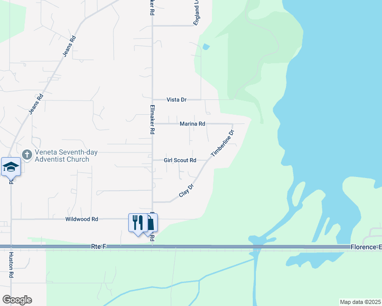 map of restaurants, bars, coffee shops, grocery stores, and more near 26058 Girl Scout Road in Veneta